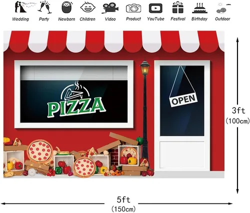 Miniatura 2 de Telón de fondo de tienda de pizza de 5 x 3 pies para fotografía, tema de cocina para niños, fiesta de cumpleaños, baby shower, decoración