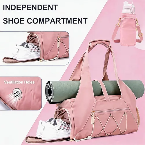 Miniatura 3 de Bolsa de gimnasio para mujer, bolsa de esterilla de yoga con compartimento para zapatos y bolsillo húmedo, bolsa de gimnasio de yoga deportiva