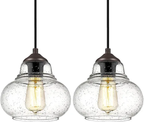 Miniatura 9 de ELYONA Paquete de 2 Luces Colgantes de Vidrio Burbuja, Lámpara Colgante Vintage de 8 Pulgadas de Vidrio Granulado, Luminarias Colgantes Industriales