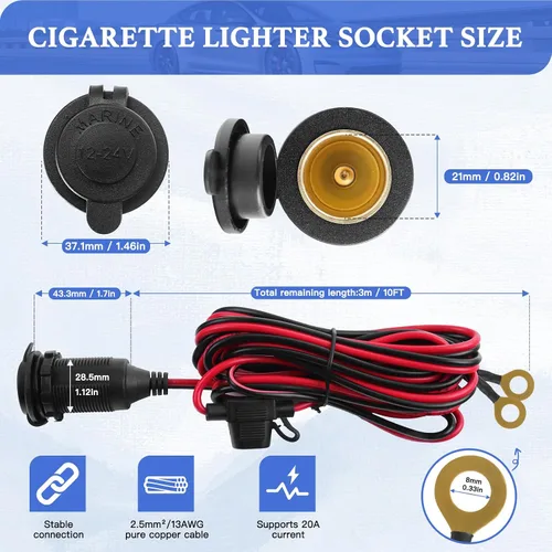 Miniatura 2 de Encendedor de cigarrillos de 10 pies, enchufe para encendedor de cigarrillos de 12 V 2.5mm²/13AWG, toma de corriente de 12 V 20 A impermeable y a