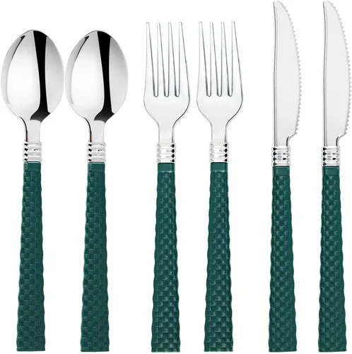 Miniatura 10 de N9R Juego de cubiertos de plástico dorado - 90 piezas con mango negro - Cubiertos de plástico elegantes, resistentes - 30 cucharas, 30 tenedores, 30