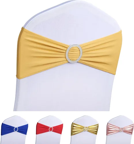 Miniatura 17 de LEBENGURU Bandas para silla de elastano doradas, 30 lazos elásticos de alta calidad con deslizadores para decoración de banquete de boda, fiesta