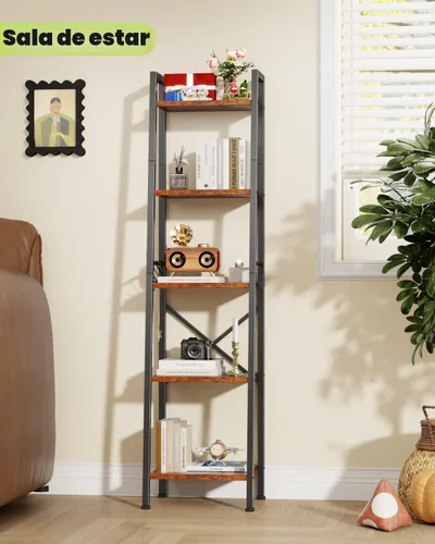 Miniatura 5 de Furologee Estantería de escalera de 5 niveles, estantería alta y estrecha con 2 ganchos, estante de esquina de baño marrón rústico, estante