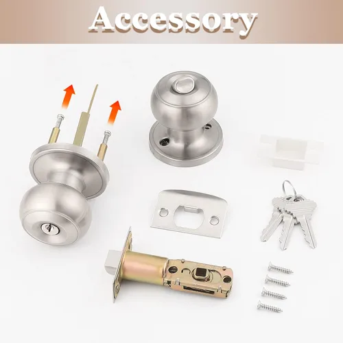 Miniatura 6 de Probrico - Paquete de 3 perillas redondas de níquel satinado para puerta de entrada, con llaves iguales, puerta exterior e interior, delantera