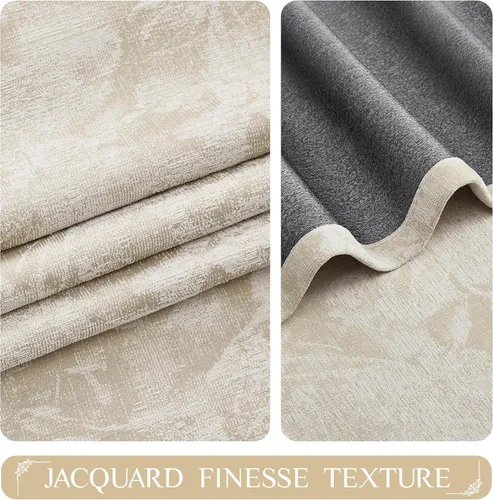 Miniatura 2 de Beauoop - Cortinas opacas beige con diseño floral jacquard, 2 paneles, para dormitorio/sala, de felpilla, gris pardo, aislantes y a prueba de ruido