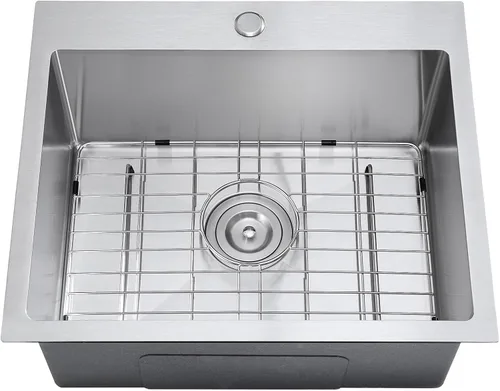 Fregadero de cocina de 20 pulgadas cepillado de acero inoxidable 304 para fregadero de cocina con rejilla, montaje en la parte superior, 20 pulgadas