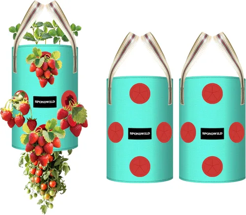 Miniatura 12 de Paquete de 3 bolsas colgantes de fresas, bolsas de cultivo colgantes de 1 galón con agujero de plantación inferior, maceta de fresa de polietileno