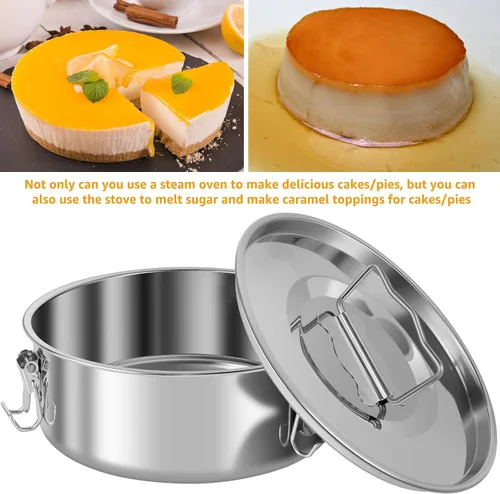 Miniatura 4 de Molde de flan de acero inoxidable con capacidad de 1.5 cuartos de galón con tapa y espátula, recipientes redondos para flan de 6 a 8 cuartos