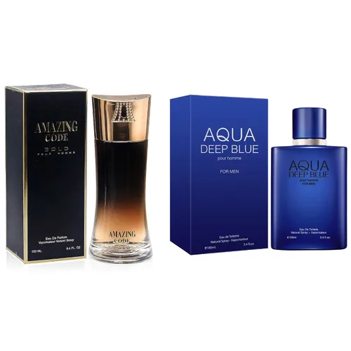 Set de regalo de perfume para hombre, EDP, paquete de 2 (3.4 oz / 3.4 fl oz cada uno), Amazing Code Gold, AQUA DE EP BLUE, ámbar picante y azul