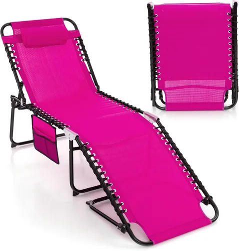 Miniatura 24 de Goplus Tumbona para exteriores, silla de playa plegable extragrande de 5 posiciones con almohada desmontable, bolsillo lateral, silla de bronceado