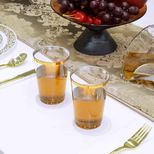 Miniatura 6 de JOLLY CHEF Paquete de 100 vasos de plástico dorados de 12 onzas, elegantes vasos desechables con borde dorado, perfectos para el día de Acción