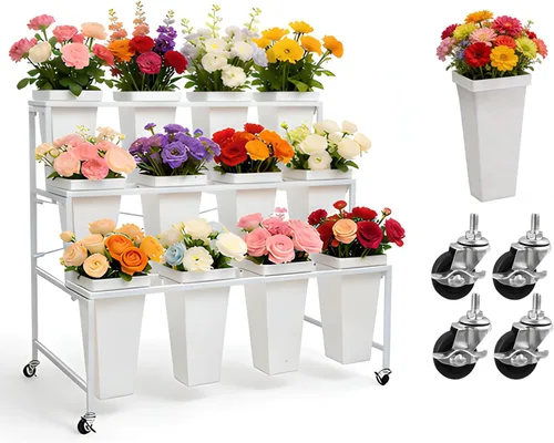 Miniatura 12 de Soporte de exhibición de flores de 3 niveles, soporte móvil de metal para plantas con 12 cubos, carrito de flores con ruedas, adecuado