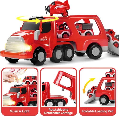 Miniatura 3 de MindPal Camión de Bomberos de Juguete para Niños Pequeños de 3 4 5 6 7 Años, Set de Vehículo Transportador de Camión de Bomberos 8-en-1 para Niños