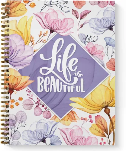 Life is Beautiful - Cuaderno floral en espiral, diario de 8.5 x 11 pulgadas, 120 páginas con rayas universitarias, tapa blanda laminada brillante