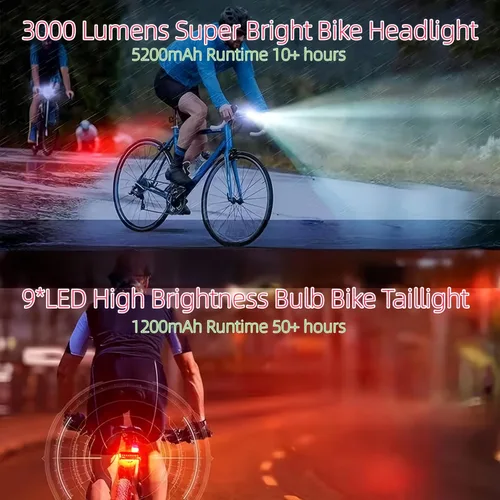 Miniatura 3 de Luces de bicicleta superbrillantes de 3000 lúmenes, 5200 mAh de tiempo de funcionamiento durante más de 10 horas, luces de bicicleta recargables