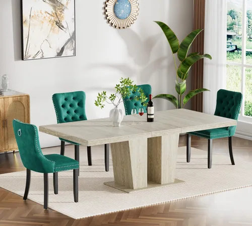 Miniatura 45 de Henf Juego de mesa de comedor extensible de 7 piezas para 6, 160 cm-200 cm Mesa de cocina extensible de grano de mármol blanco con 6 sillas Blanco