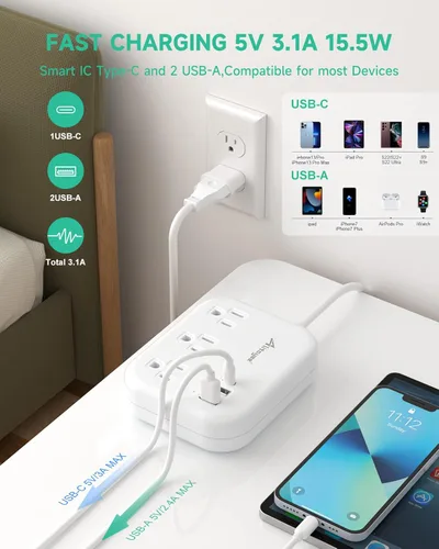 Miniatura 4 de Alitayee - Adaptador de enchufe de viaje europeo, regleta de alimentación de viaje UE/Reino Unido y EE. UU. con 3 tomacorrientes, 3 puertos USB