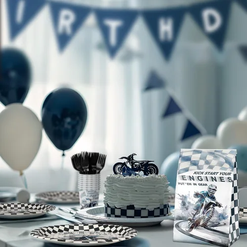 Miniatura 4 de Suministros de fiesta de cumpleaños para 40 invitados, juego de platos de cumpleaños y servilletas de motocross, decoraciones de fiesta de motocross
