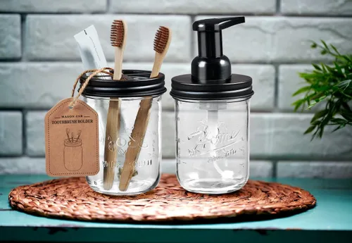 Miniatura 6 de SheeChung Portacepillos de dientes con tarro de masón, accesorios de baño, artículos esenciales de baño, organizadores y almacenamiento de baño