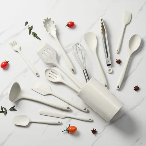 Miniatura 6 de LIANYU Juego de 14 utensilios de cocina con soporte, juego de utensilios de cocina de silicona, incluye espátula, cuchara, pinzas para voltear