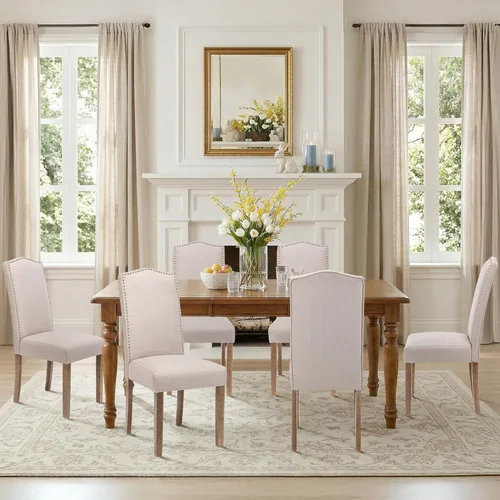 Miniatura 17 de Silla de comedor tapizada moderna y elegante Parsons con respaldo alto con ribete plateado de cabeza de clavo y patas de madera, juego de 2, tela