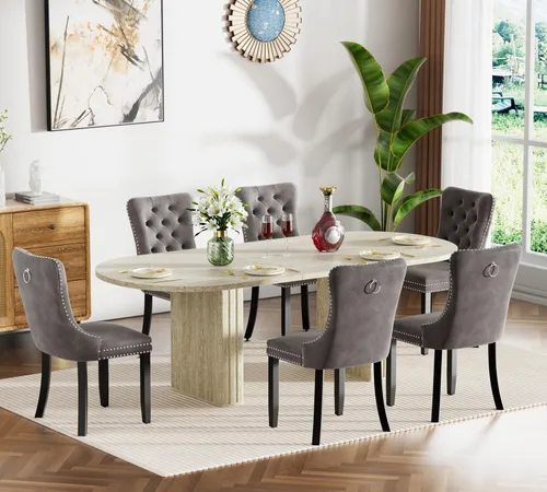 Miniatura 30 de Juego de 4 mesas de comedor extensibles, mesa de comedor ovalada negra y 4 sillas de comedor de terciopelo negro con patas de madera, juego de mesa
