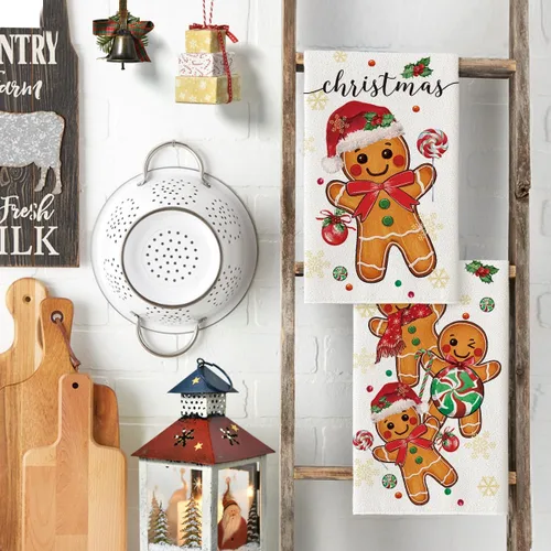 Miniatura 3 de Artoid Mode Juego de 2 toallas de cocina de Navidad con caramelo de jengibre, 18 x 26 pulgadas, bola de Navidad, decoración de invierno, toallas