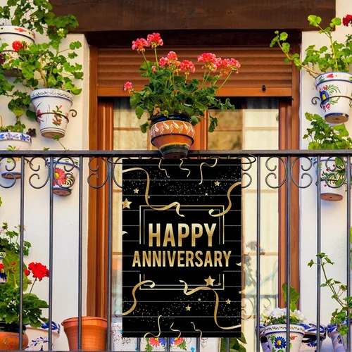 Miniatura 5 de Bandera de jardín con texto en inglés "Happy Anniversary", de arpillera de doble cara, cartel vertical para bodas, aniversario, fiesta, patio