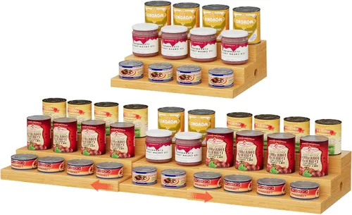 Miniatura 11 de Organizador de latas de bambú expandible para despensa, soporte de almacenamiento de latas ajustable de 3 niveles, organizador de soda con capacidad