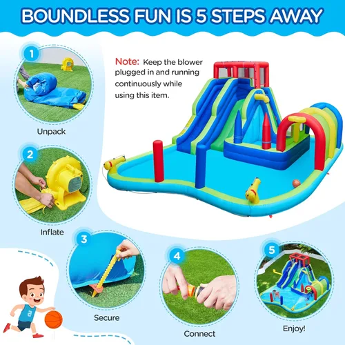 Miniatura 6 de Yaheetech Tobogán acuático inflable, tobogán acuático de doble carril con túnel largo y pared de escalada y sacos de boxeo y juego de lanzamiento
