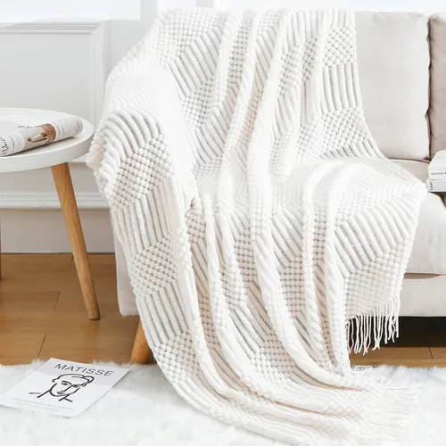 Miniatura 24 de Blagic Manta de punto para sofá, manta suave de estilo bohemio para otoño con borlas, manta ligera decorativa para el hogar, manta beige para cama