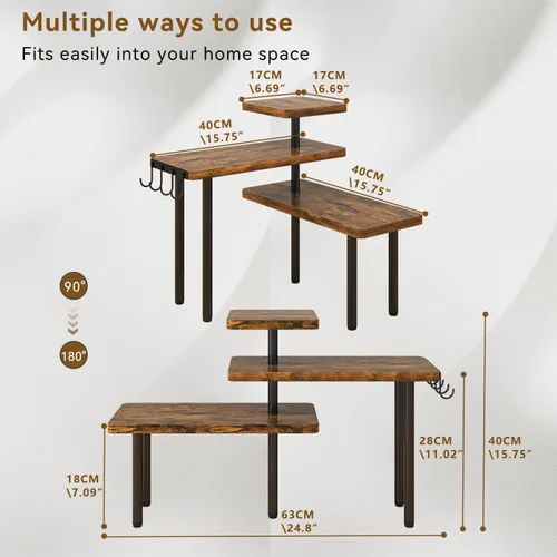 Miniatura 8 de IBUYKE Organizador de Encimera, Estantes de Especias de 3 Niveles, Estante de Esquina para Mostrador de Cocina, 4 Ganchos Laterales, Estante Marrón