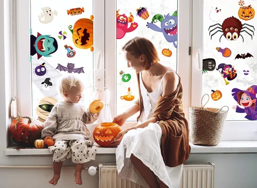 Miniatura 6 de BAYLAY Adhesivos para ventanas de Halloween, 10 hojas de decoración de ventanas de Halloween de doble cara para Halloween y ventanas