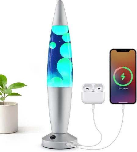 Miniatura 13 de JAMBO Hermosa lámpara líquida con puertos USB, luz de movimiento de 16" con líquido azul y cera morada, luz nocturna relajante, luz ambiental