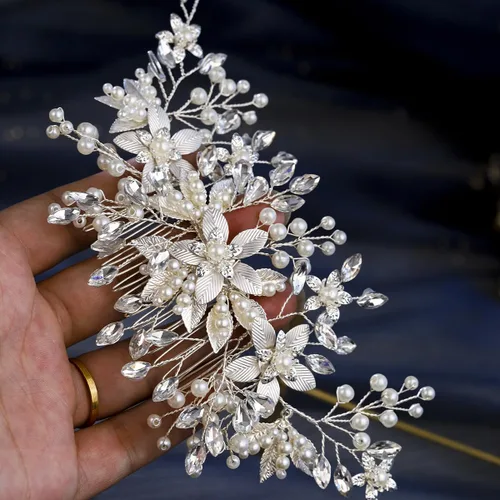 Miniatura 4 de Peine de pelo de novia de cristal, flor de perla, accesorios para el cabello para mujeres y niñas