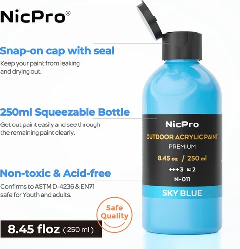 Miniatura 9 de Nicpro Juego de pintura acrílica al aire libre de gran volumen de 20 colores (250 ml, 8.45 oz) Suministros de pintura artística ricos, no tóxicos