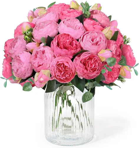 Miniatura 11 de Ramo de peonías artificiales de seda, 4 paquetes de rosas persas sintéticas con hojas de eucalipto para decoración del hogar, boda, fiesta