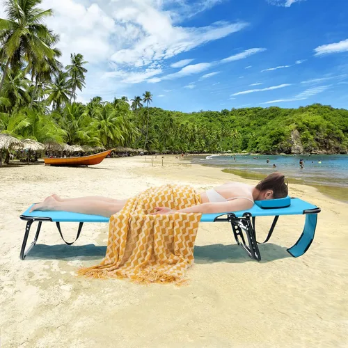 Miniatura 7 de GYMAX Silla de bronceado, silla de playa de 350 libras con agujero para la cara, almohada lavable y correa de transporte, tumbona plegable