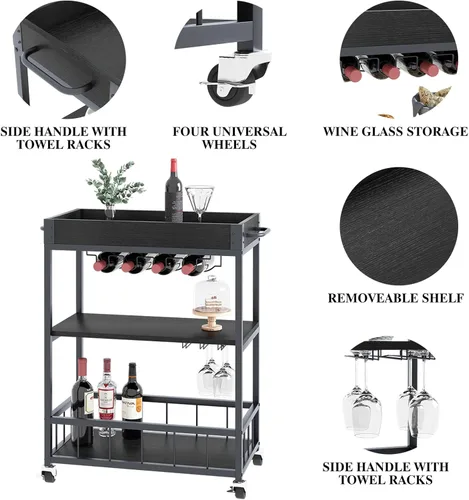 Miniatura 9 de Carro de servicio para bar con soporte para vino de 3 niveles, carrito móvil para el hogar, con ruedas, carrito de cocina industrial