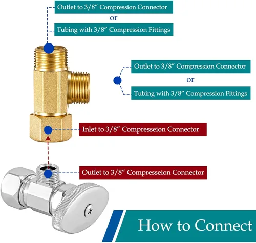 Miniatura 4 de Adaptador Divisor de Línea de Agua T Válvula - Conector de Línea de Suministro de Inodoro de Lavavajillas de Latón con Acoplamientos de Compresión T