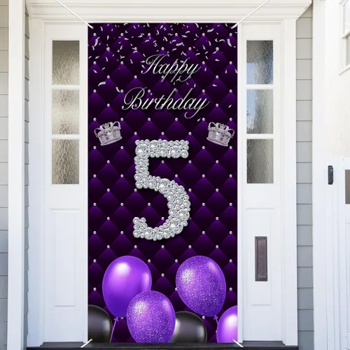 Miniatura 39 de Cartel morado de feliz primer cumpleaños telón de fondo para cabina de fotos, globos de corona plateada, decoración temática para niña, aniversario