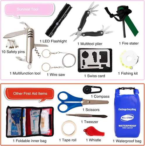 Miniatura 9 de Kit de primeros auxilios para lancha con herramientas de supervivencia, 123 piezas impermeables de emergencia con hebillas, accesorios compactos