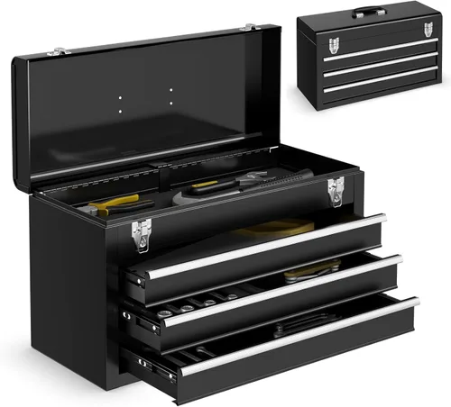 Goplus Caja de herramientas con 3 cajones, organizador portátil de 4 niveles de 52 cm con bandeja superior para herramientas, cerradura automática,