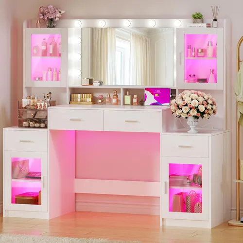 Miniatura 8 de HUAHUU Escritorio grande con espejo y luces, tocador de maquillaje de 54.3 pulgadas con 4 gabinetes RGB y 4 cajones, juego de tocador blanco