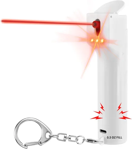Alarma de seguridad personal 3 en 1 con espray de pimienta, gel de soplado anti viento de 12 pies, tinte de marcado UV, sirena de 140 dB, 3 luces