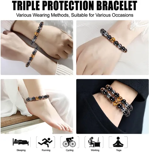 Miniatura 9 de HOZEAL Pulsera de triple protección, brazalete de obsidiana negra con ojo de tigre y hematita para hombres y mujeres, para traer suerte