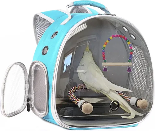 Miniatura 19 de Jaula portátil de viaje para loros con juguete pequeño oscilante y jaula, juego de juguetes coloridos para pájaros pequeños, bolsa de periquito