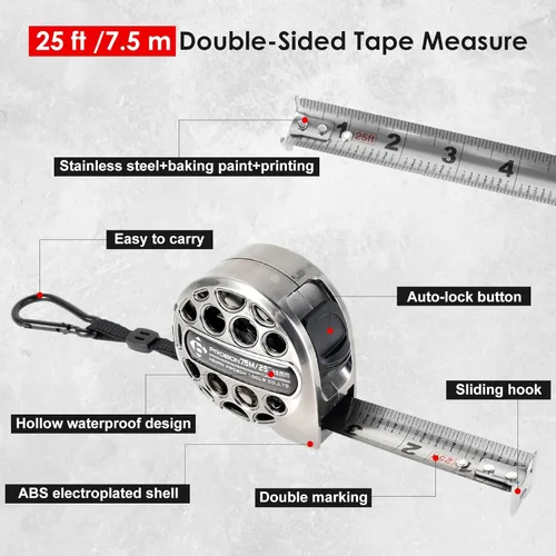 Miniatura 2 de Cinta métrica de 25 pies, cinta métrica de acero inoxidable resistente con escala de doble cara, regla retráctil impermeable y resistente al óxido
