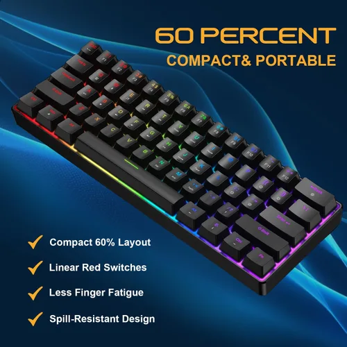 Miniatura 5 de BlueFinger Combo de teclado y mouse mecánicos para juegos 60% – Teclado RGB con retroiluminación arcoíris de 61 teclas con interruptor rojo y 4 DPI