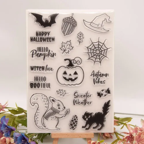Miniatura 4 de Sellos transparentes de calabaza de Halloween para hacer tarjetas o diarios, frases de Halloween, ardilla, nueces, gatos, murciélagos, sellos